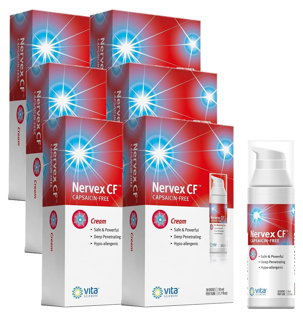 Vita Sciences Nervex CF Neuropathy הקלה עבור ידיים ורגליים - פורמולה קרם Powerful Cream עבור Burning, Tingling, Numbness - עם Arnica, B12, B1, B5, B5, B6, E, MSM, Aloe ו בסיס שמן קוקוס - Pack של 6 6