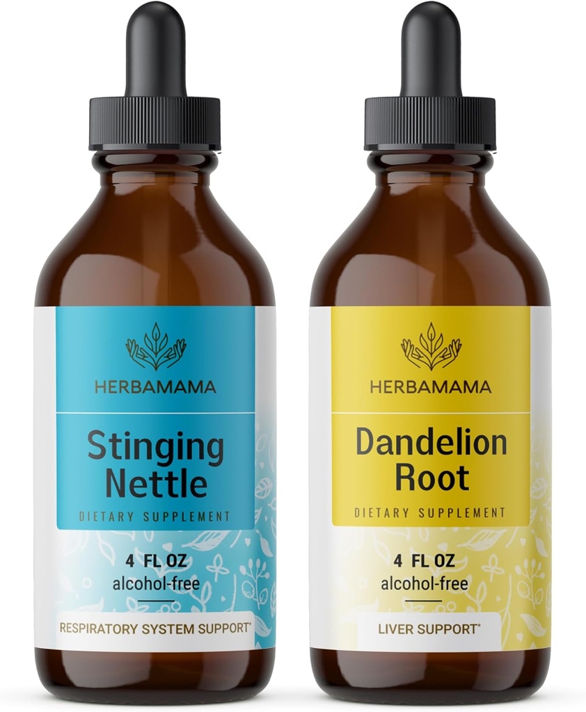HerBAMAMA Herbal Liquid טיפות Kit - Bundle של Sting Nettle & Dandelion Root Tincture 4 oz - טבעוני, non-GMO, Sugar & אלכוהול חינם - 2 Pack