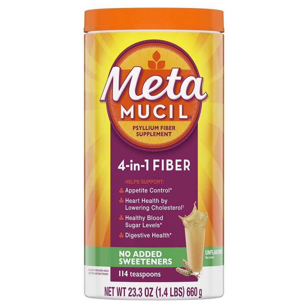 Metamucil סיבים, 4in-1 Psyllium סיבים, אבקת סוכר חינם, משקה ללא משועבד, 114 משרתים (Packaging May Vary)