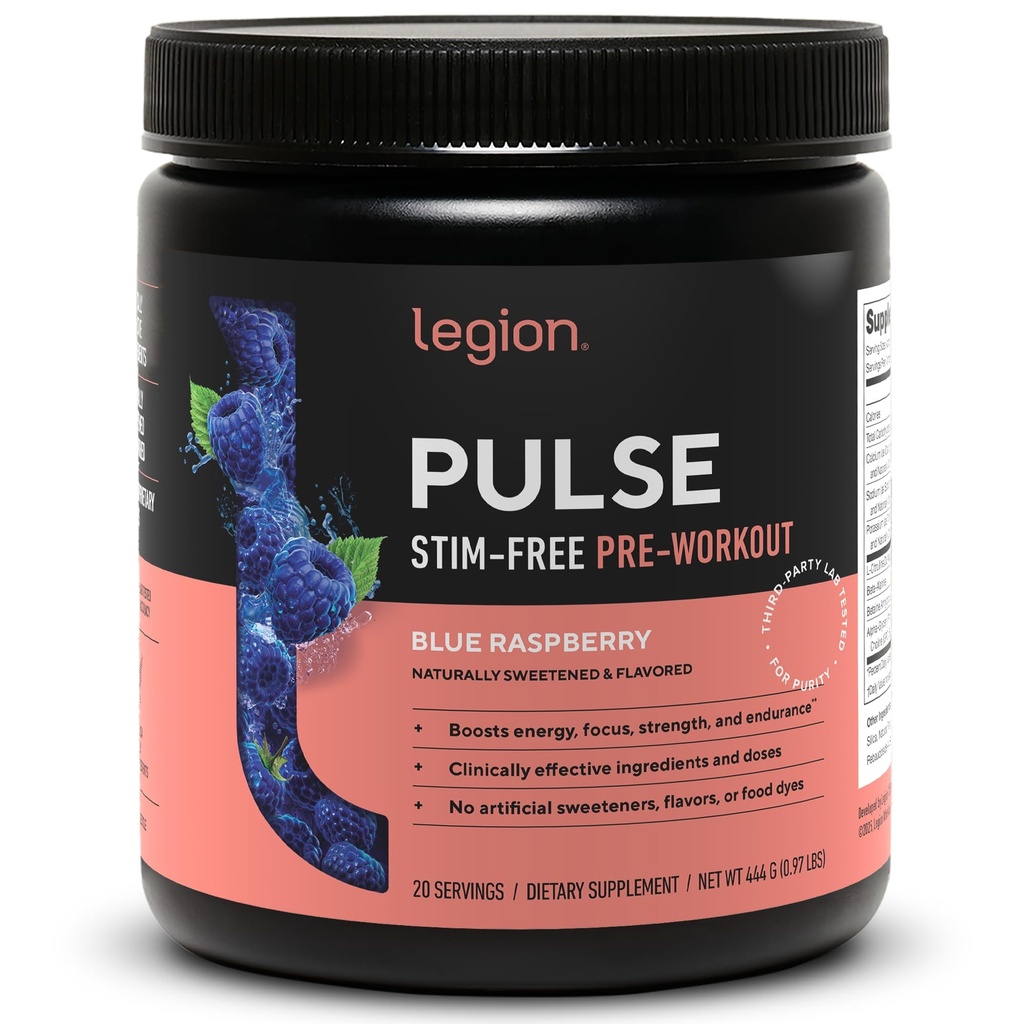 LEGION Pulse Pre Workout תוסף - All Natural Nitric Oxide Preworkout Drink to Boost Energy, Creatine Free, Sweetened, Alan Betaine, Citrulline, Alpha GPC (Caffeine Free Blue Razz)