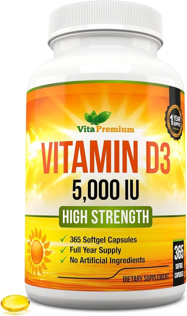 ויטמין D3 5000 IU, 365 Easy-Swallow Softgels, ויטמין בעוצמה גבוהה D 5000 IU תוסף - Full Year Supply
