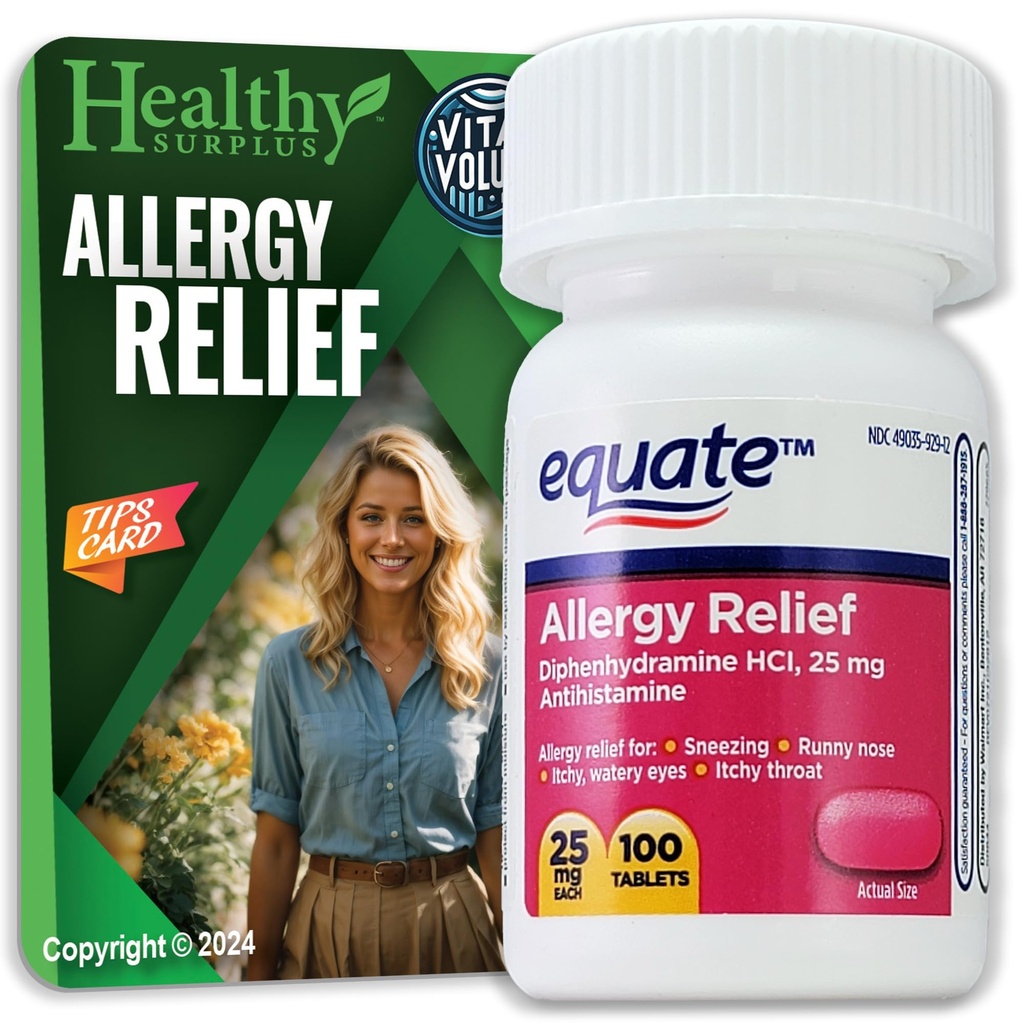 בריאות Surplus® Vital Volumes Tips Card & Equate Allergy הקלה Diphenhydramine HCL, 25 מ"ג 100 טבליות Bundle