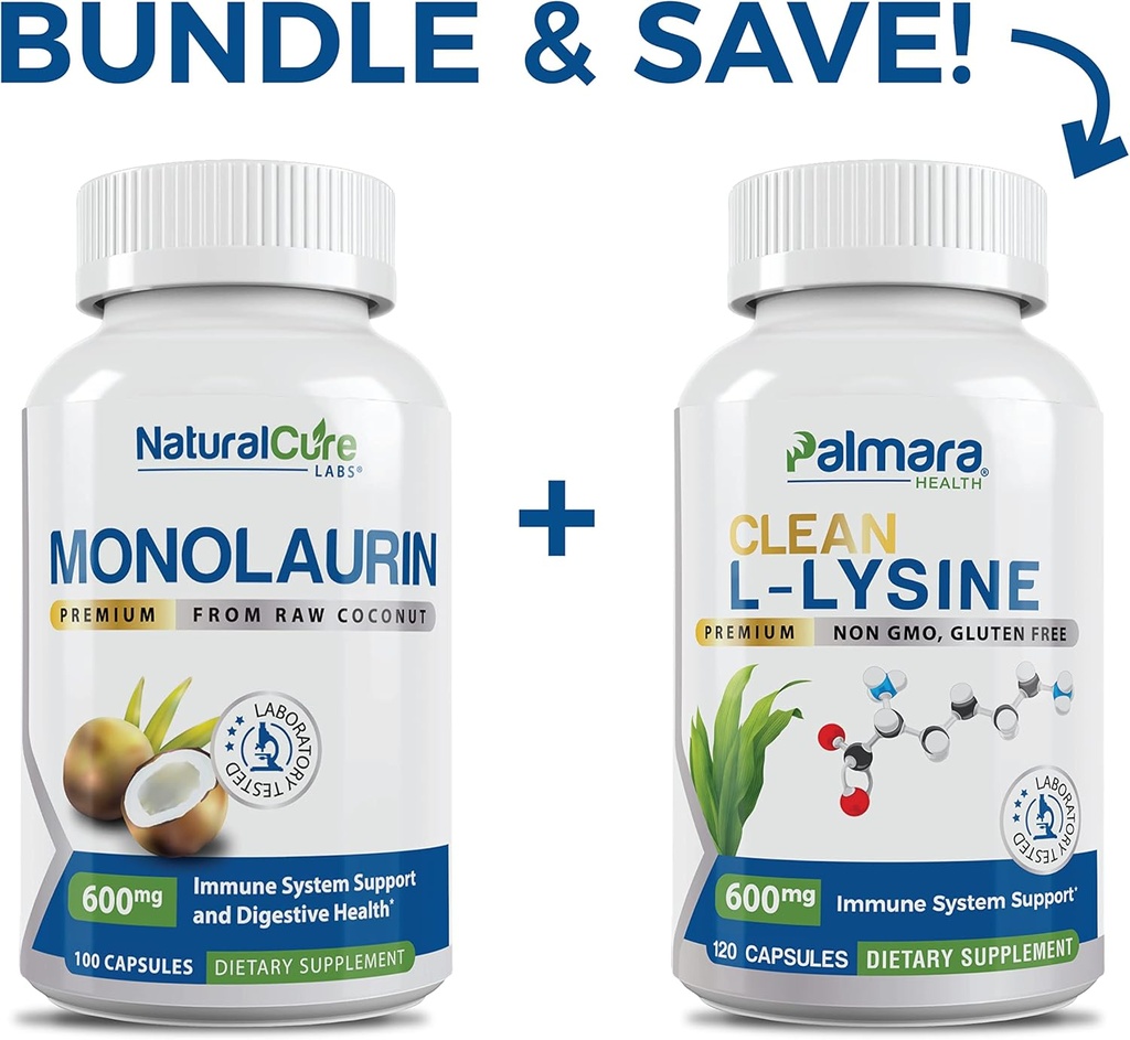 Natural Cure Labs Bundle: Premium Monolaurin 600mg + ניקוי L-Lysine 600 מ"ג