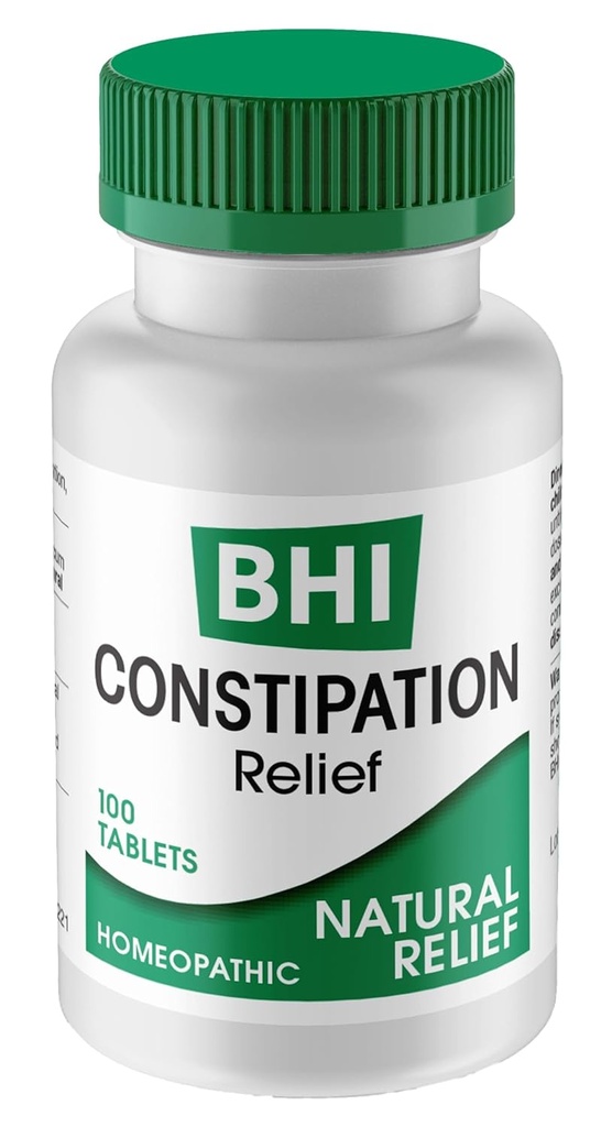 BHI Constipation Relief Natural Safe Targeted Homeopathic Active Ingredients Relieve Bloat Discomfort, Bowel Back-Up & Irregularity for Women & Men - 100 טבליות