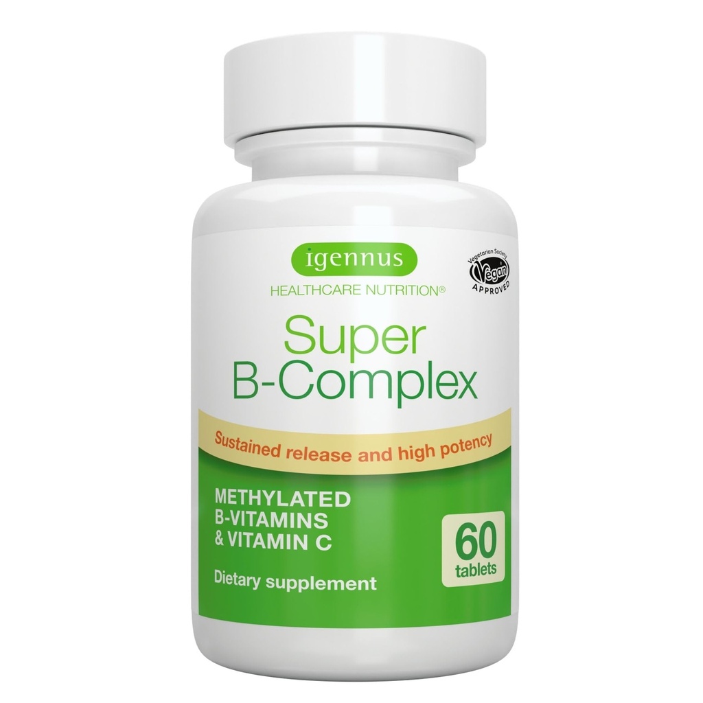 Igennus Super B-Complex Methylated B ויטמינים - Sustained לשחרר, תווית נקייה ו Absorption גבוהה, עם 5-MTHF Folate & Methyl B12, אנרגיה, Mood & Cognitive Performance, מעבדה מאומתת, 60 טבליות קטנות