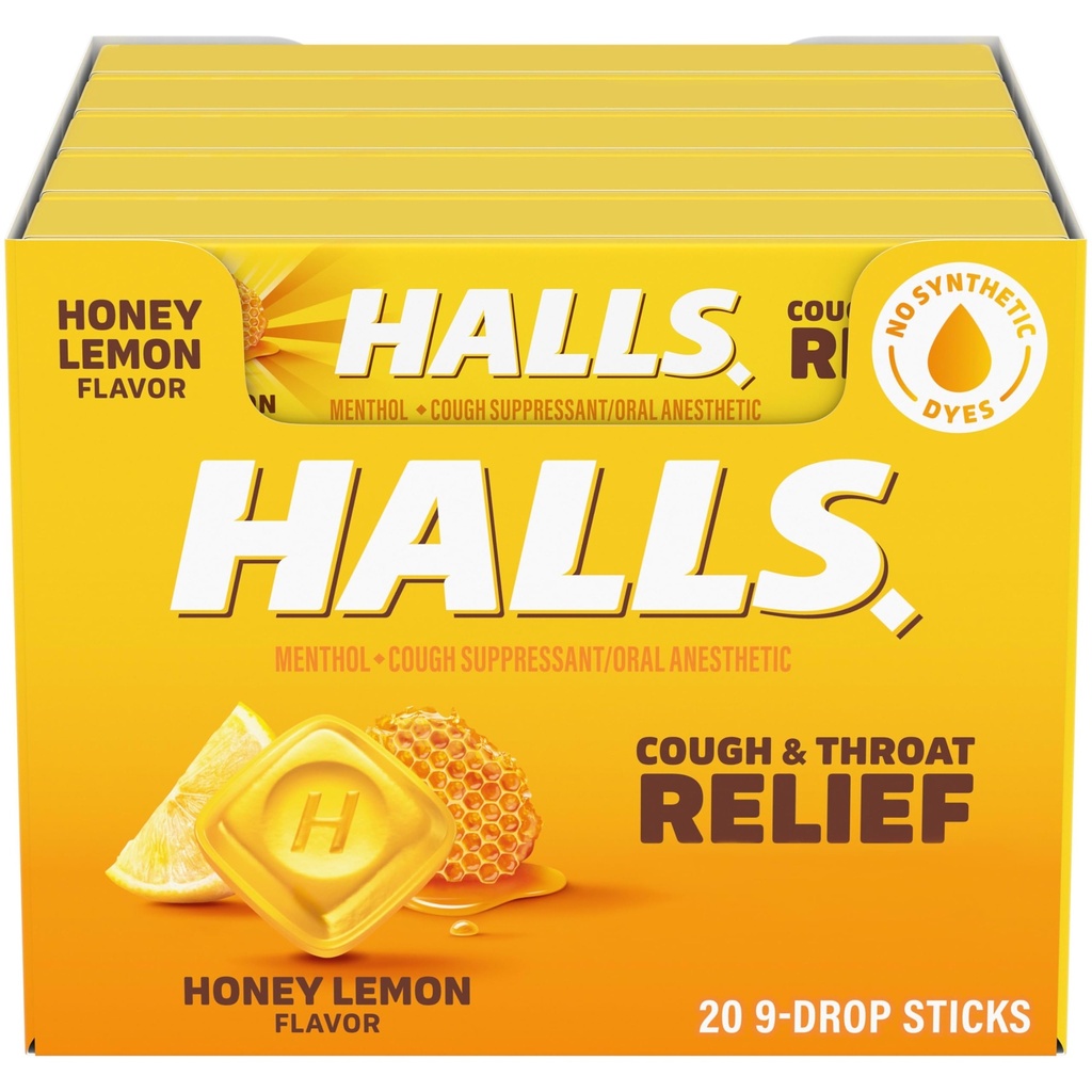 HALLS Cough andגרון Relief Honey Lemon Cough Drops, 20 מקלות של 9 (180 טיפות מוחלטות)