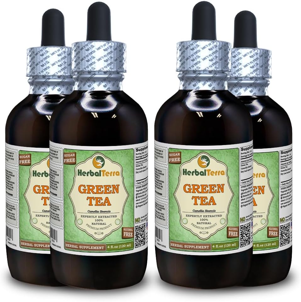 תה ירוק (Camellia Sinensis) Glycerite, אורגני Dried Leaves Alcohol-Free Liquid Extract (שםBrand: HerbalTerra, Proly Made in USA) 4x4 fl.oz (4x120 מ"ל)