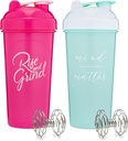 [2 Pack] 28-Ounce Shaker בקבוק עם ציטוטים מוטיבציה (Pink & Mint / White) | Shaker Cup Set with Mixer Agitators | בלנדר שאיקר בקבוק למיקסים חלבון הוא BPA חינם ו Dishwasher בטוח יותר בטוח
