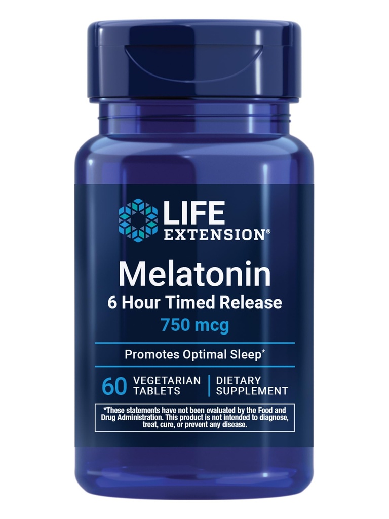 Life Extension Melatonin 6 Hourd שוחרר, 750 mcg, Extended-Release פורמולה עבור תמיכה בשינה Gentle, איכות חיים בריאה Rhythms, נייד, Gluten-Free, non-GMO, Vegetarian, 60 טבליות