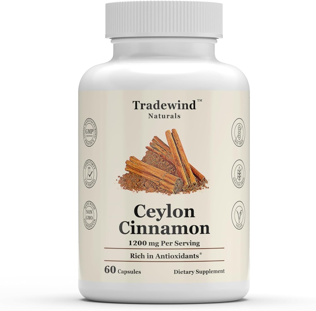 Ceylon Cinnamon 1200 מ"ג - Pure Ceylon Cinnamon - טבעוני - non-GMO - תמיכה לב ובריאות קוגניטיבית - עשיר באנטיoxidants - 60 קפסולות ירקות - מיוצר בארה"ב