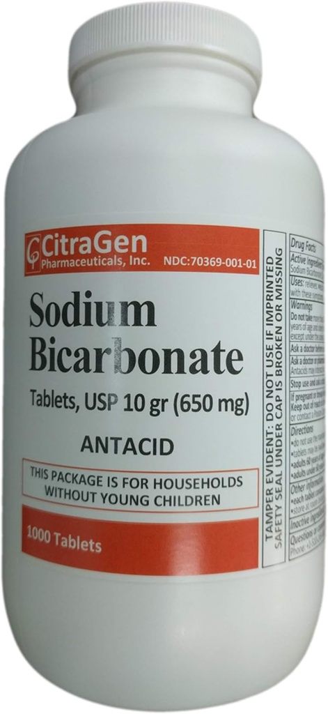 Sodium Bicarbonate Tablet USP 650 מ"ג (10 גרינס) עבור הקלה של Acid Indigestion, Heartburn, Sour Stomach & Upset Stomach 1000 טבליות לכל בקבוק על ידי CitraGen תרופות Inc