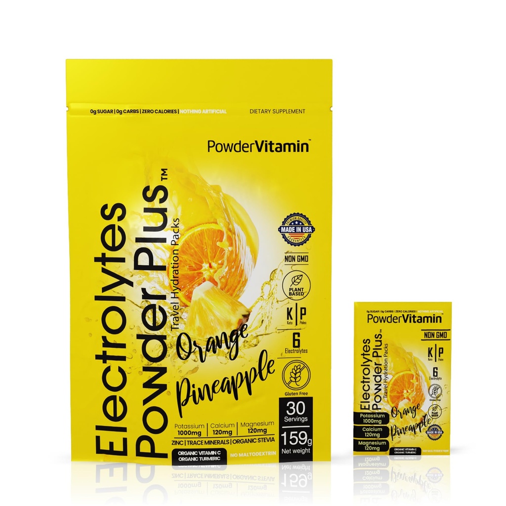 אבקהVitamin אלקטרוליט אבקת פלוס, Keto, Orange Pineapple, סוכר חינם, 1000 מ"ג Potassium, 120 מ"ג Calcium, non-GMO, Zero Calories, 30 hydrotion Packets