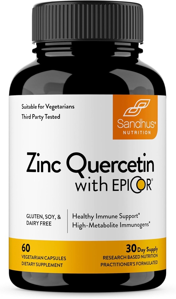 Zinc Quercetin של Sandhu's Zinc Quercetin עם EpiCor 60 קפסולות צמחוניות - תוספת גבוהה של זינוק ללא גלוטן - High Potency Immune Support