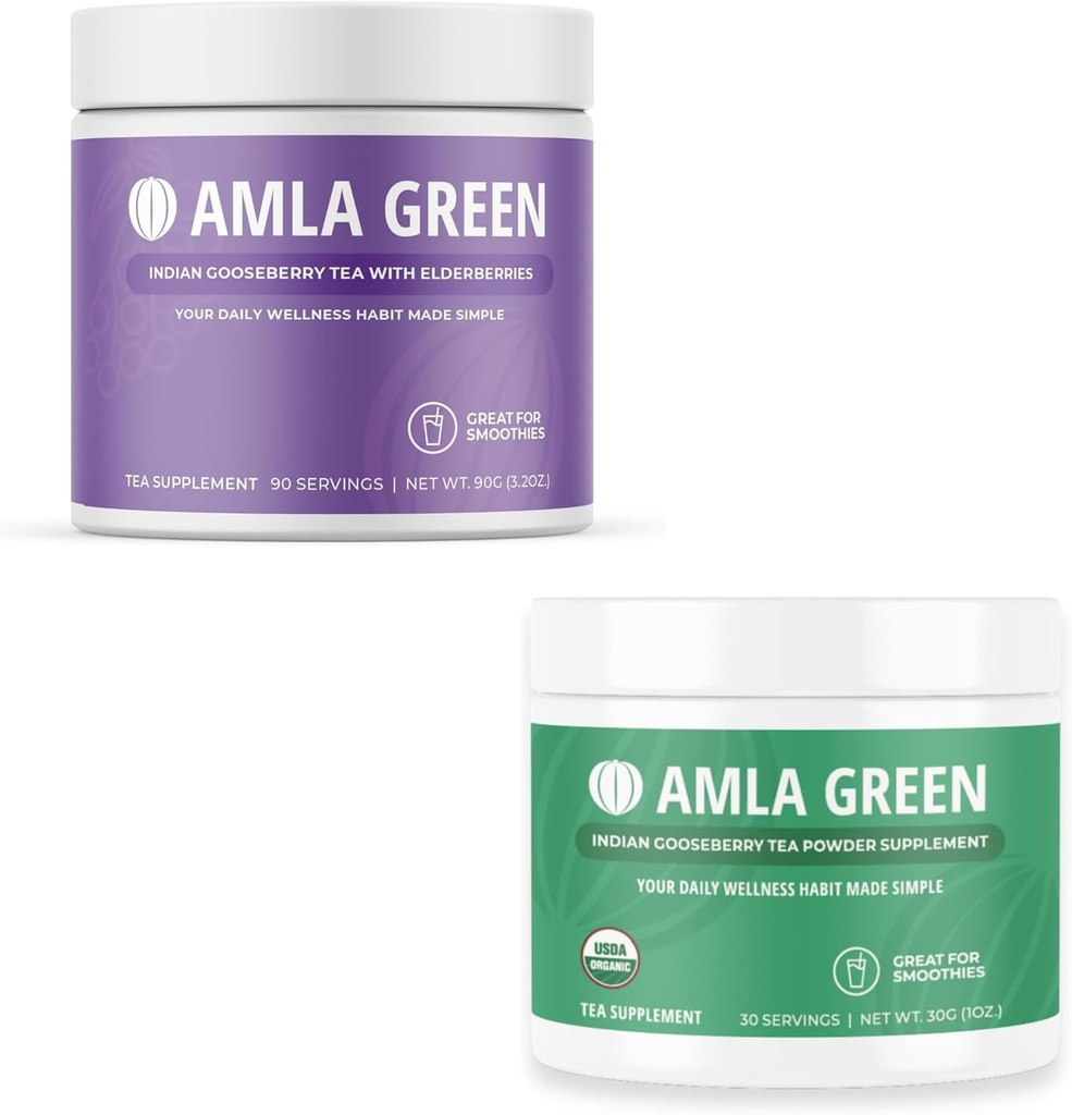 Amla אבקה & Green Tea Superfood תוספת, תמיכה אנטיקסידנטית, מיוצר עם Elderberries (90 משרתים) וגוזיות הודיות (30 משרתים), אורגני, טבעוני,
