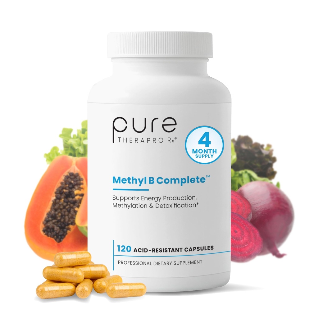 Pure Therapro Rx Methylated B Complex ויטמינים המיוצרים בארה"ב, 4 חודשים אספקה | Methyl B שלם Quatrefolic 5-MTHF Folate, B12 Methylcobalamin, TMG Trimethylglycine, Methylfolate | Pharm דרגה
