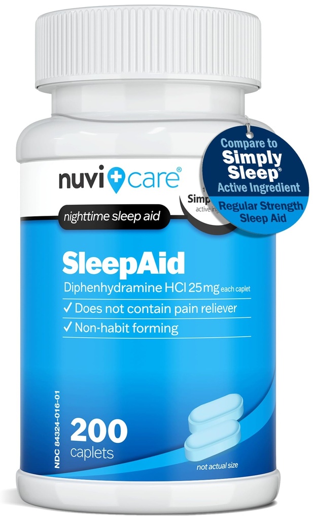 Nighttime Sleep Aid with Diphenhydramine HCl 25 מ"ג - Non Habit Forming גלולות שינה רגילות לבוגרים - אינו מכיל כאב Reliever - OTC Sleep Aids for Adults (200 Caplets)