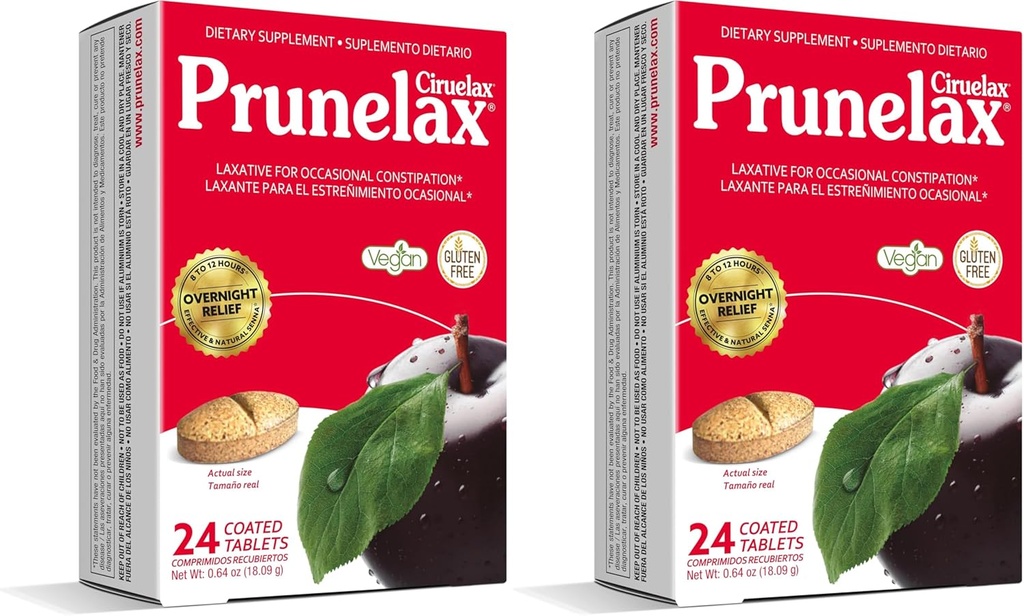 Prunelax Ciruelax Active Laxative Tablets - Natural-Ingredient Based Laxative for Occasional Constipation, הצפויה Overnight Relief with Senna Leaf Extracts, 8-12 Hr Fast-Acting - 24ctct