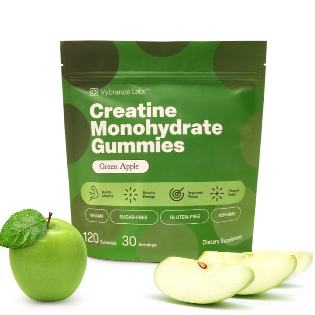 Creatine Gummies 5g Monohydrate + Tairine & B12 - סוכר חינם, טבעוני, Gluten-Free - ירוק אפל - 120 הרוזן (30 משרתים) עבור כוח, אנרגיה ו Focus