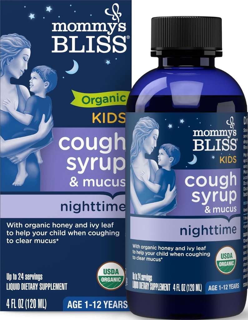 אמא's Bliss Organic Kids Cough Syrup & Mucus Relief for Night Time, Agave & Honey, Ivy Leaf, Zinc, ויטמין C, +Herbal Nighttime Band, 4 Fl z
