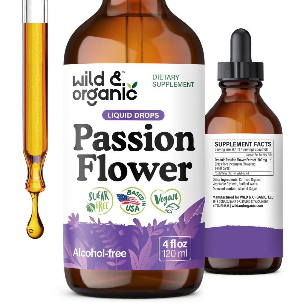 Wild & Organic Passion Flower Tincture - Mood Support - Calming Passionflower תוסף - Passiflora Incarna Liquid Extracts - טבעוני, סוכר ואלכוהול חינם Herb טיפות - 4 fl oz