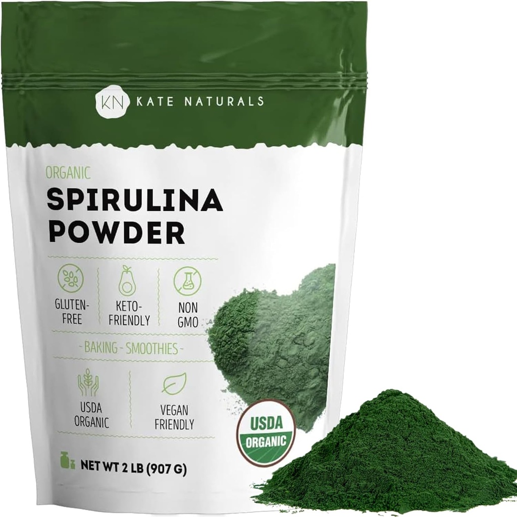 קייט Naturals Organic Spirulina מזונות מזינים Dense Superfood for Smoothies and Juice (2 lb, USDA Certified, non-GMO, Gluten-Free)