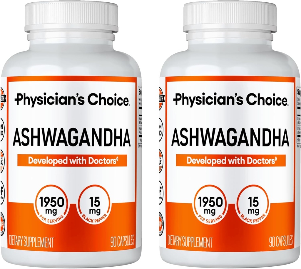 Physician's CHOICE Ashwagandha 1950 מ"ג אורגני אשוגנדה שורש אבקה עם Black Pepper לחלץ, תמיכה בלחץ, תוסף תמיכה Mood, 90 Veggie Ashwagandha קפסולות - 2 PCKKKKK