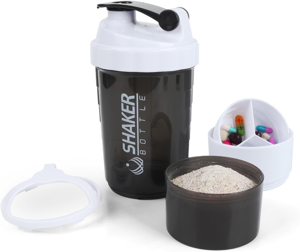 Shaker Bottle - Milk Shaker Cup with Storage Compartments - Leak-הוכחה Workout Shake Bottles with Mixer for Smoothing Mixing 500ML/16oz (לבן & שחור)