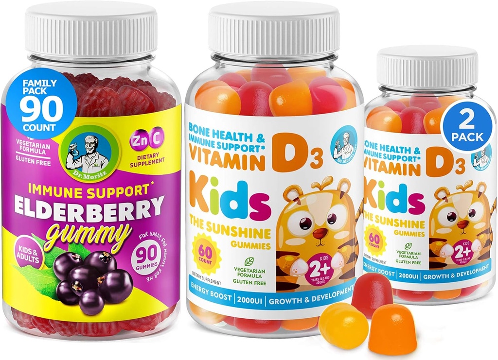 ויטמין D Gummies ו-Elmunity Mega Boost for Kids and Adults - Vegetarian Gelatin-Free Immune תומך בויטמינים לילדים
