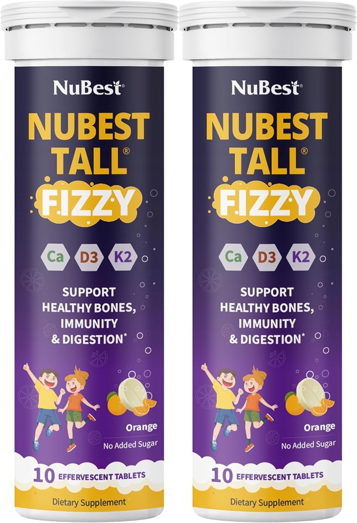 Nu Best Tall Fizzy | Power, Immunity, Digestive Health for Kids Age & Teens | Probiotic, Calcium, Magnesium from Red Marine Algae, ויטמינים | 20 Orange Efferscent Tablets | חבילת 2
