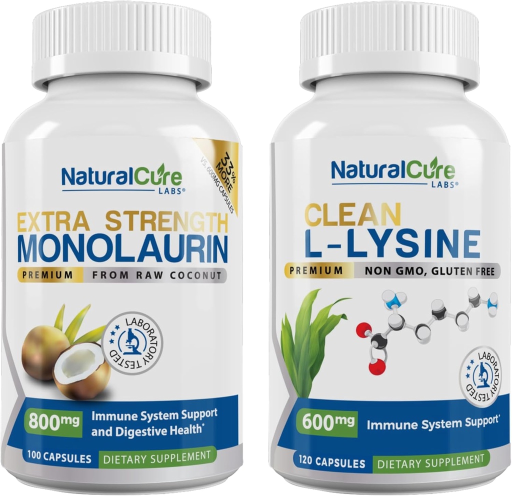 Natural Cure Labs Bundle: תוספת כוח Monolaurin 800mg + ניקוי L-Lysine 600mg