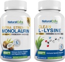 Natural Cure Labs Bundle: תוספת כוח Monolaurin 800mg + ניקוי L-Lysine 600mg
