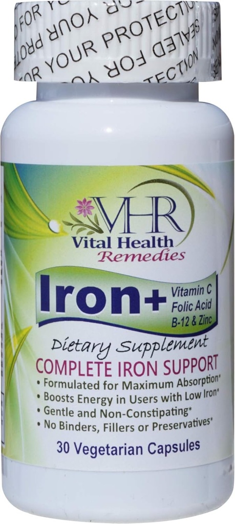 ברזל + עם ויטמין C, FOLIC Acid, B-12 & ZINC Preservative-Free, Gentle ו- non-constipating פורמולה עבור אבסורה מקסימלית. 30 Veggie caps - Vital Health Remedies