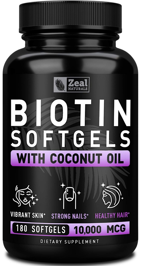Zal Biotin 10000mcg עם שמן קוקוס אורגני Softgels | תוסף ויטמין Biotin | שיער עור וציפור ויטמינים לנשים וגברים | 6 היצע - 180 קפסולות גל