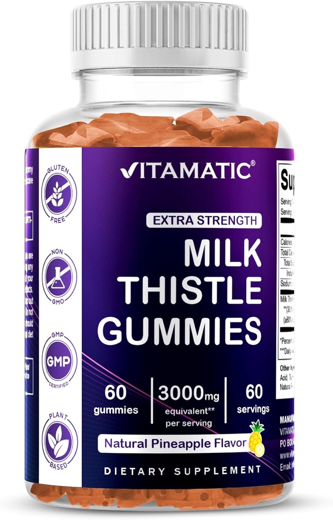 Vitamatic Milk Thistle Gummies- 10000 מ"ג Equivalent Per משרת (מ-50:1 לחלץ 200 מ"ג)- Liver Detox & Anti Oxidant Health - Min. 80% Silymarin Flavonoids - 60 Pectin Based Gummies