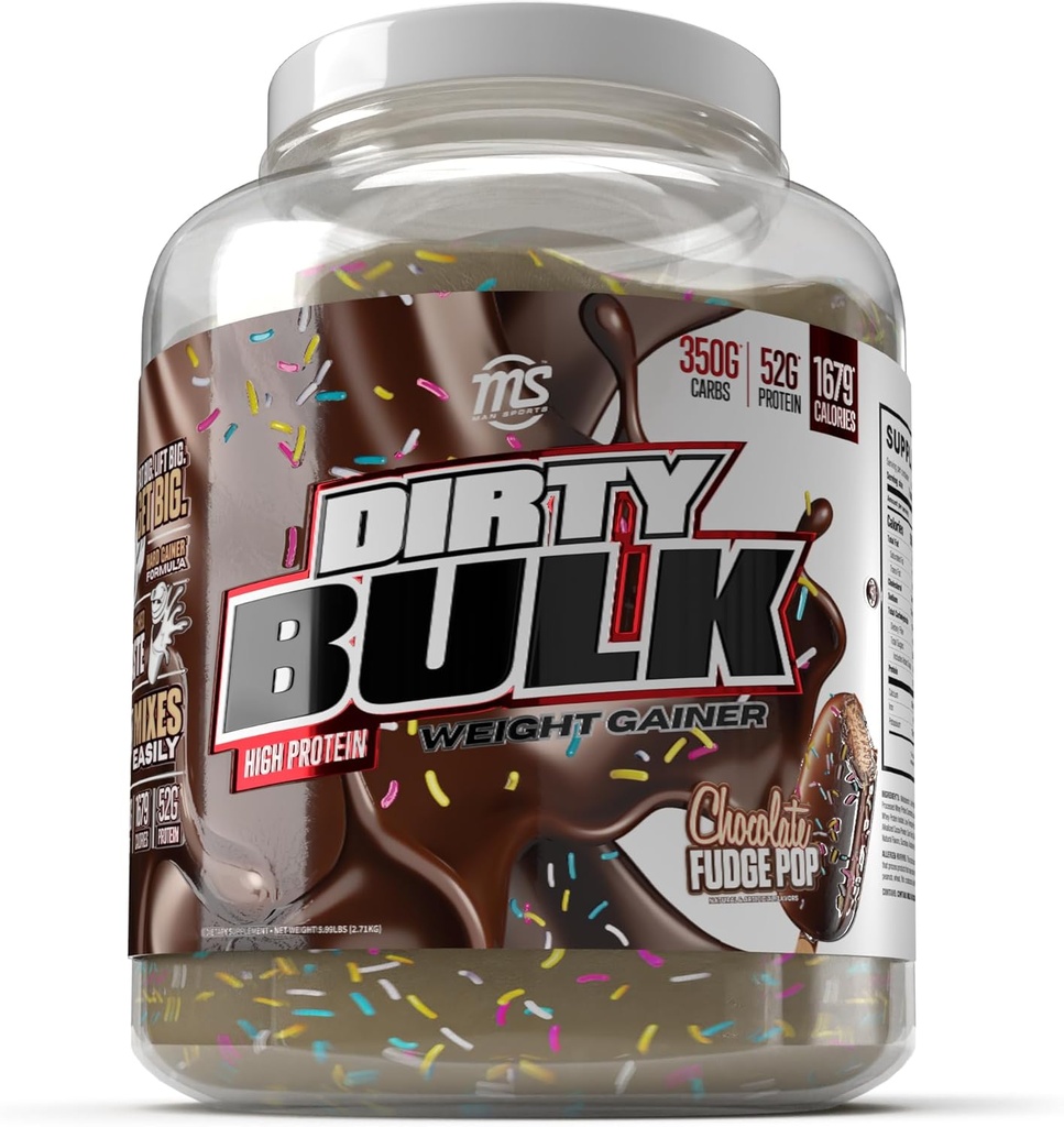 Man Sports - Dirty Bulk: Chocolate Fudge Pop High Weight Gainer אבקה עם 52 גרם חלבון