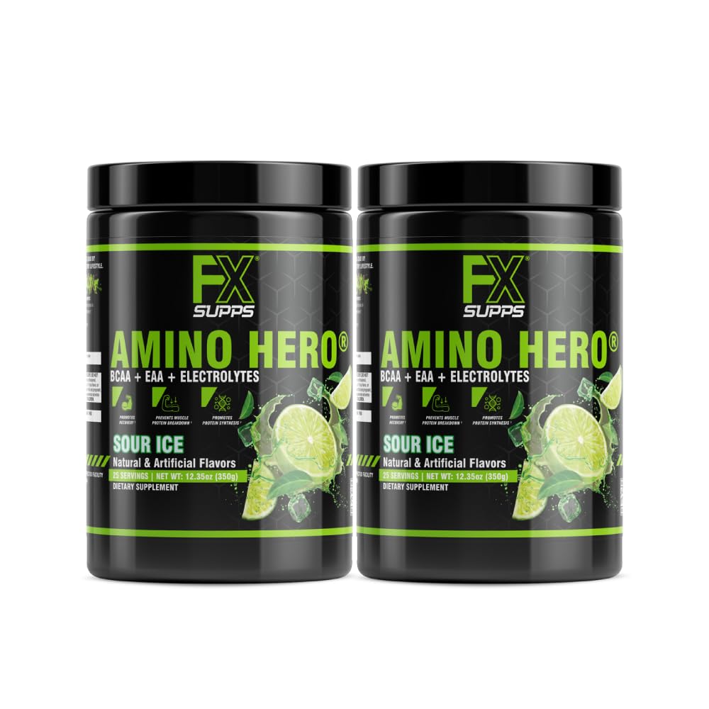FXSUPPS Amino Hero Sour Ice Flavor (50 משרתות) | משקה התאוששות לאחר עבודה לגברים ונשים | אבקת אנרגיה לערבב עם BCAA, EAA, ואלקטרוליטים | קידום אנדורנס ושרירים בריאים - 2 Pack