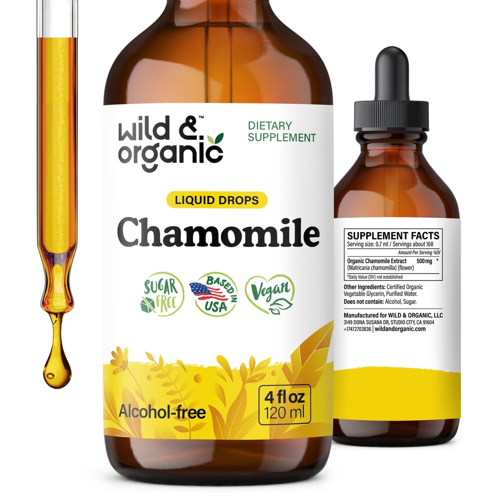 Wild & אורגני Chamomile Flowers Tincture - תוסף קלמינג להרגעה - Chamomile Extracts - טבעוני, סוכר ואלכוהול חינם - 4 fl oz