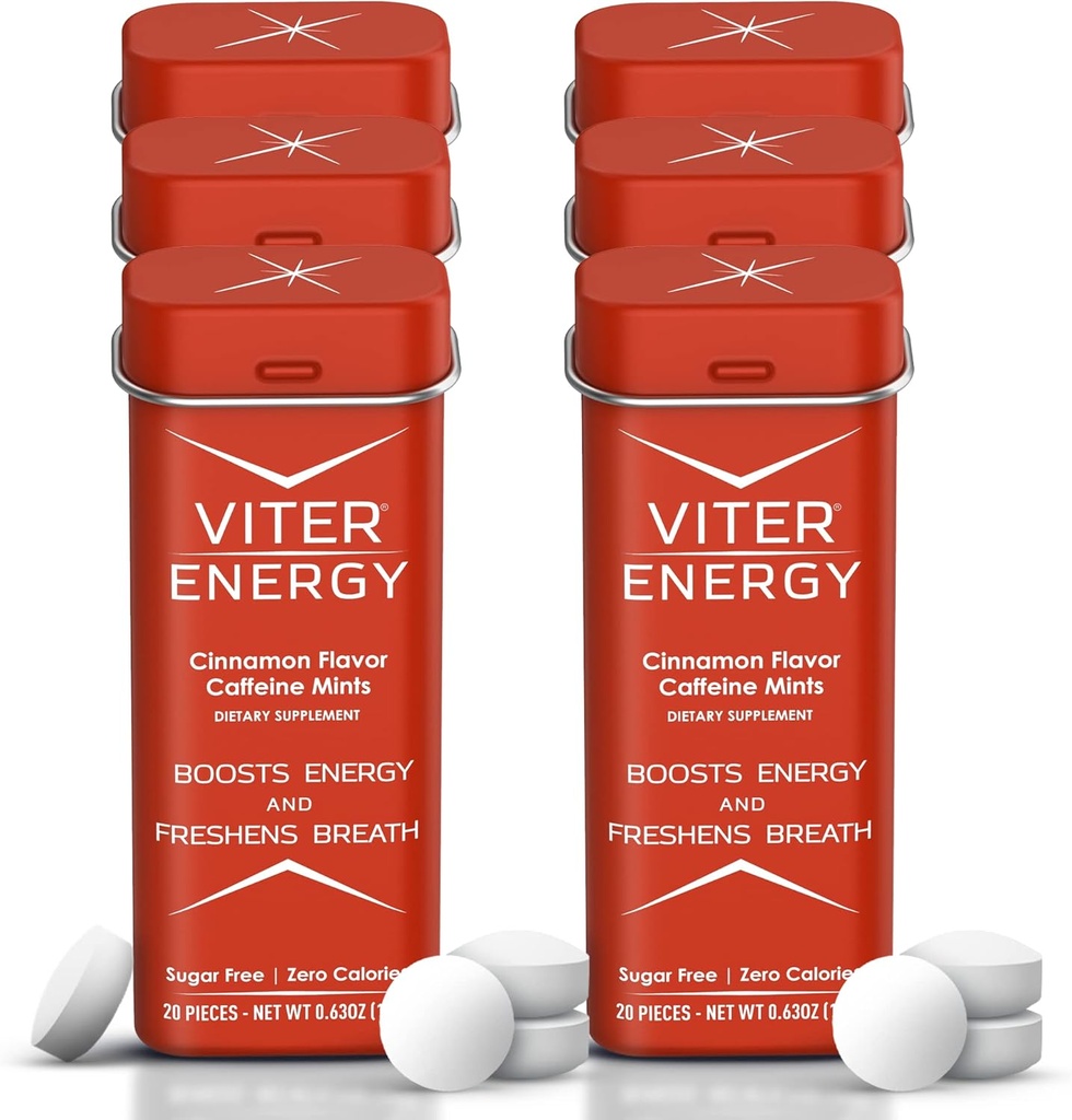 Viter Energy Caffeine Mints (120 Pieces) - 40 מ"ג Caffeine, סוכר חינם, טבעוני, B ויטמין מורכב, אנרגיה תוספת גלולות Caffeine (Cinnamon, 6 Pack)
