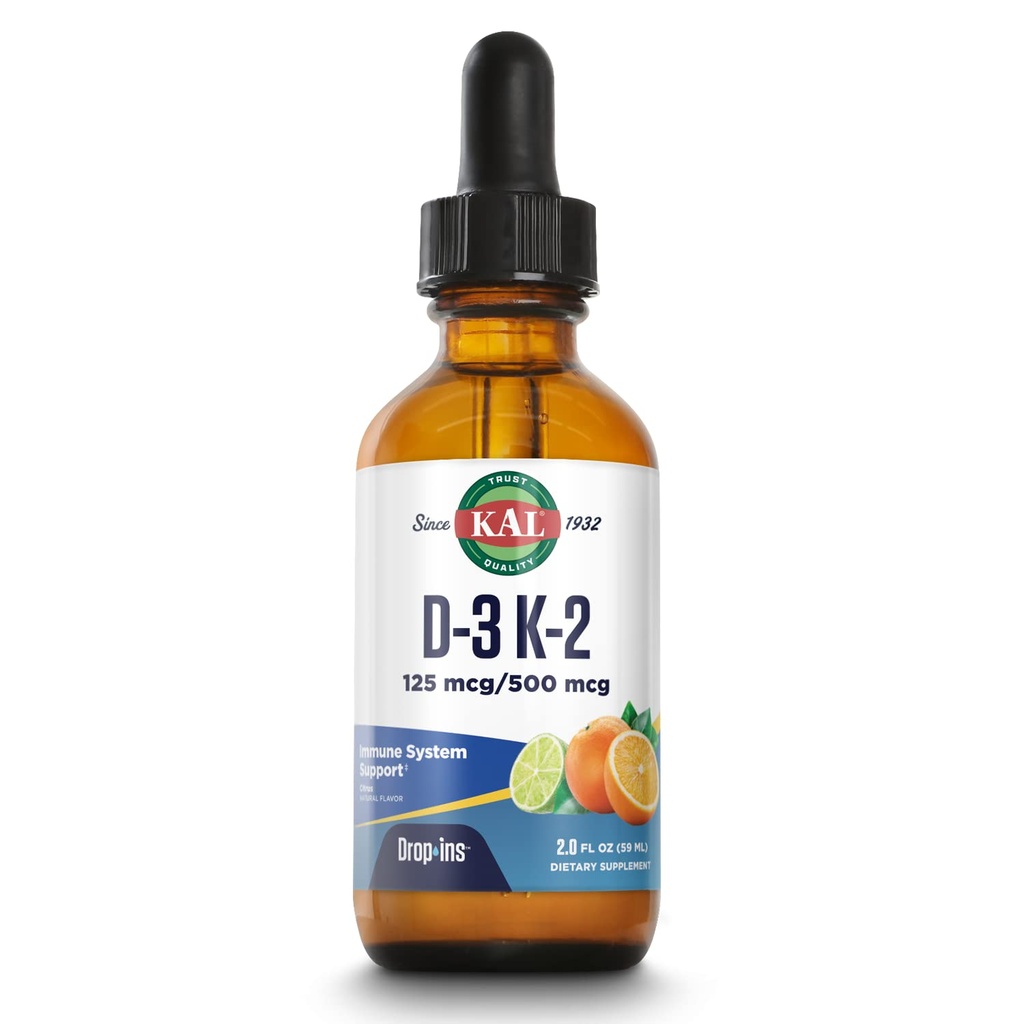 KAL D3 K2 DropIns 125 mcg / 500 mcg נוזל ויטמין D3 K2 טיפות, בריאות העצם, בריאות הלב ו- Immune תמיכה תוספת, Natural Citrus Flavor, 60 יום כסף בחזרה להבטיח, Approx. 59 , 2 FL OZ