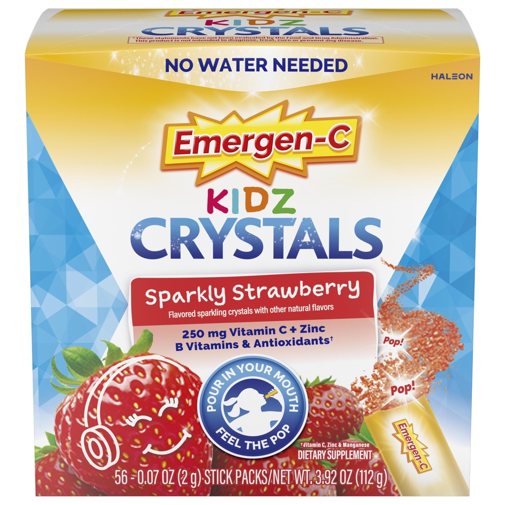 מפתחת: Emergen-C Kidz Crystals, On-the-Go Emergen-C Immune Supportתוסף עם ויטמין C, ויטמין B, Zinc and Manganese, Sparkly Strawberry, Stocking Stuffer - 56 Stick Packs