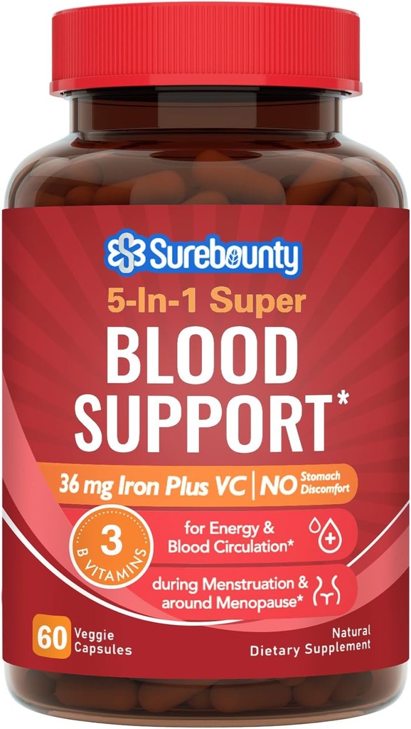 תוספת ברזל עבור נשים גברים, Stomach Friendly & non-constipating | Iron Bisglycinate עם ויטמין C, Folate, B6 & B12 | כדורי ברזל לתמיכה בדם ואנרגיה | 60 קפסולות טבעוניות