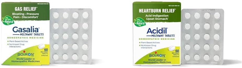 Boiron Gasalia Tablets ו- Acidil Tablets for Gas, Bloating, Acid Reflux, Heartburn, Indigestion ו- Upset Stomach Relief - 60 Count Each
