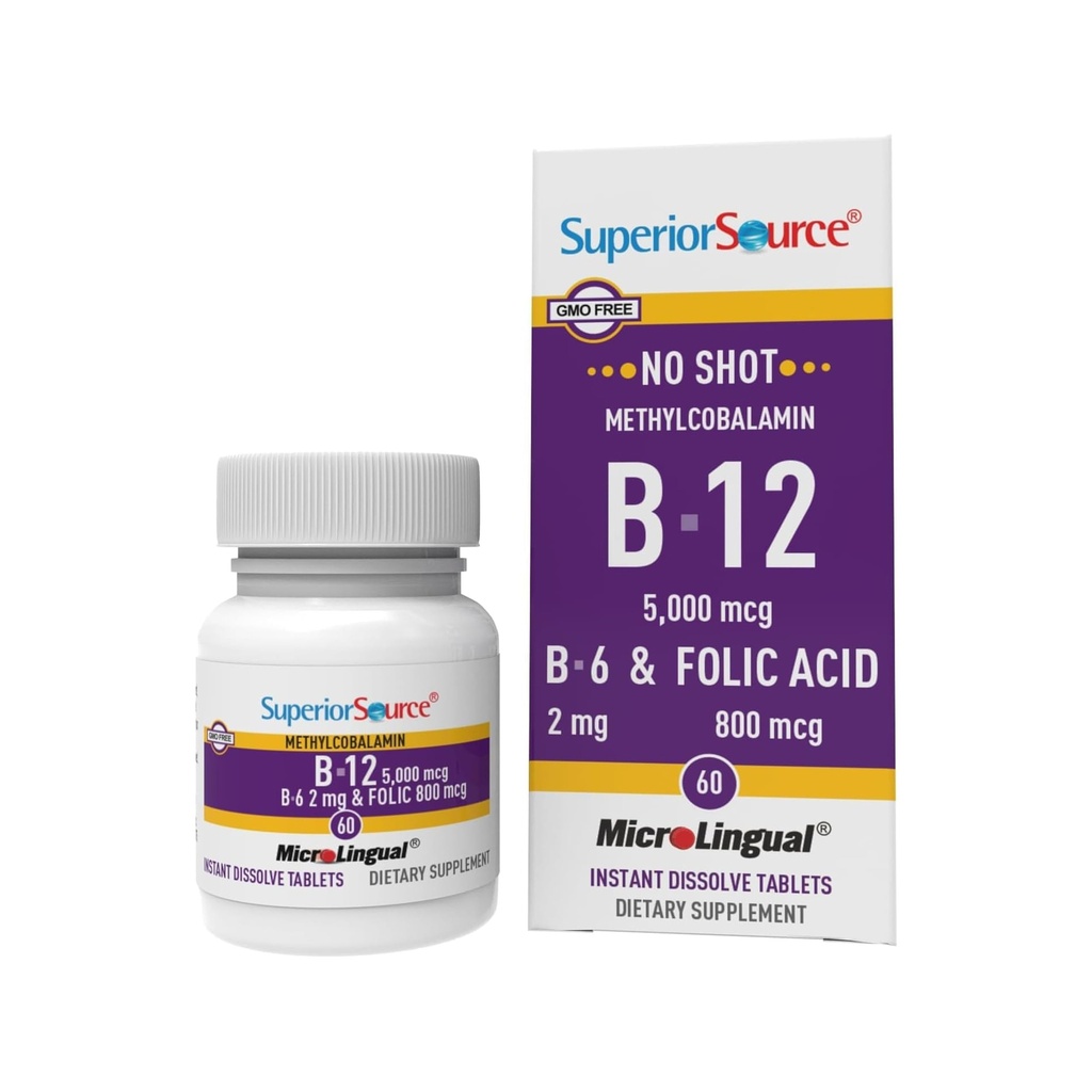 מקור גבוה No Shot ויטמין B12 Methylcobalamin (5000 mcg), B6, Folic Acid, Quick Dissolve Sublingual Tablet, 60 Ct, הגדלת אנרגיה, לב בריא, Boost Metabolism, תמיכה בלחץ, non-GMO