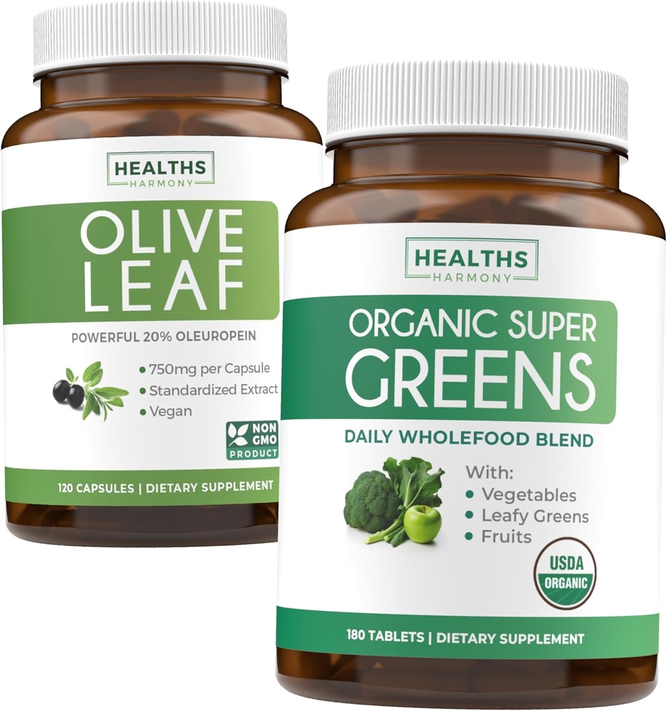 אוליב Leaf Extract and Organic Super Greens (4-Month Supply) Pure Plant Power Bundle of Olive Leaf Extract (120 קפסולות) Super Power & אורגני Super Greens (180 Tabets) אורגני Superfood