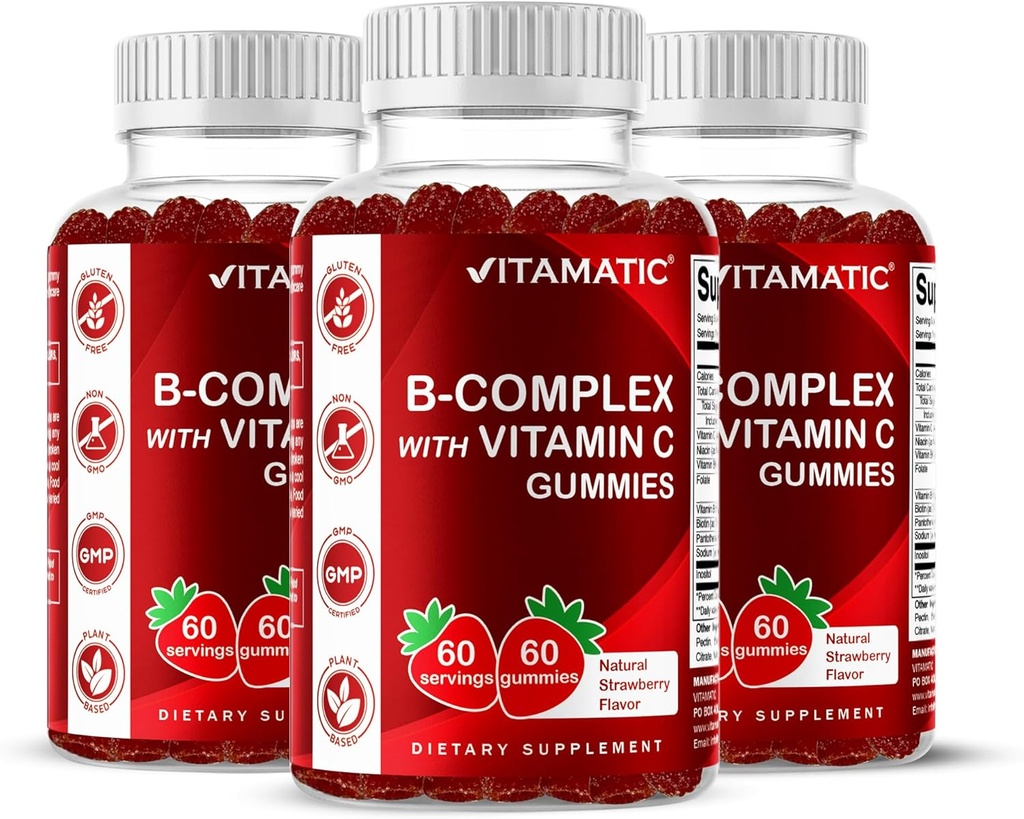 ויטמין Vitamatic B Complex Gummies עם ויטמין C & Inositol - Natural Strawberry Flavor - 60 חניכיים (3 בקבוקים)
