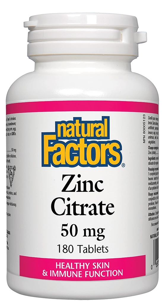גורמים טבעיים - Zinc Citrate 50 מ"ג, תמיכה בתפקוד עור בריא וחיסון, 180 טבליות
