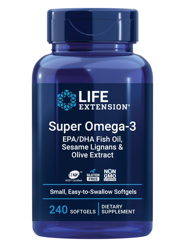 Life Extension Super אומגה 3 EPA / DHA שמן דגים, Sesame Lignans & אוליבץ - בריאות הלב, בריאות המוח, Inflammation Health Support, Gluten-Free, Easy to Swallow, non-GMO, 240 Softgels