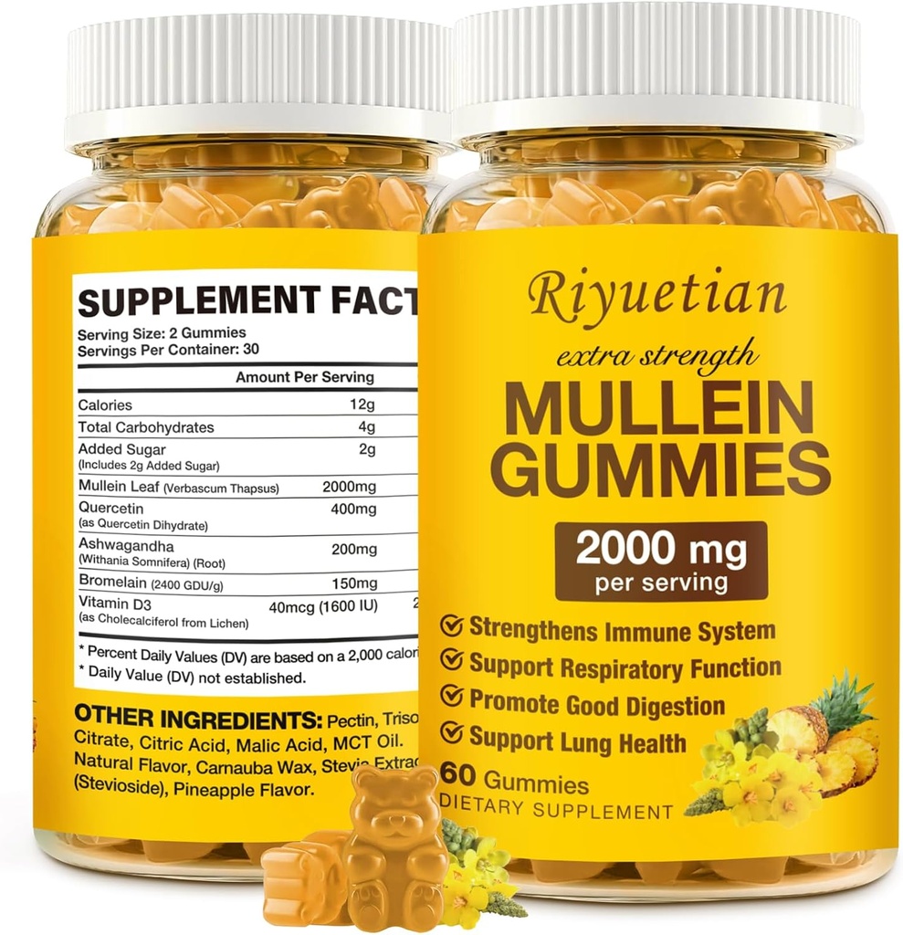 Mullein Gummies, 2000 מ"ג אורגני מולליין Leaf Extract for Clear Lungs, Boost Respiratory & Digestive, Immune Booster for Adults & Kids, Allergy Friendly, Non-GMO, 60 מסטיק
