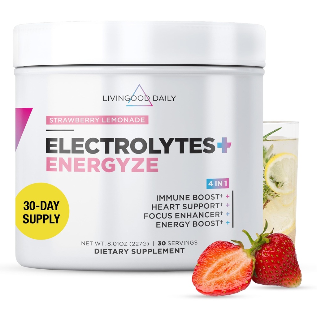 Livingood Daily Electrolytes אבקת, פוליקה אלקטרוליטית עם ויטמין C, טאורין, D Ribose & FOS, סוכר חינם אלקטרוליט משקאות Mix, Keto, Gluten Free, Strawberry Lemonade, 30 משרתים