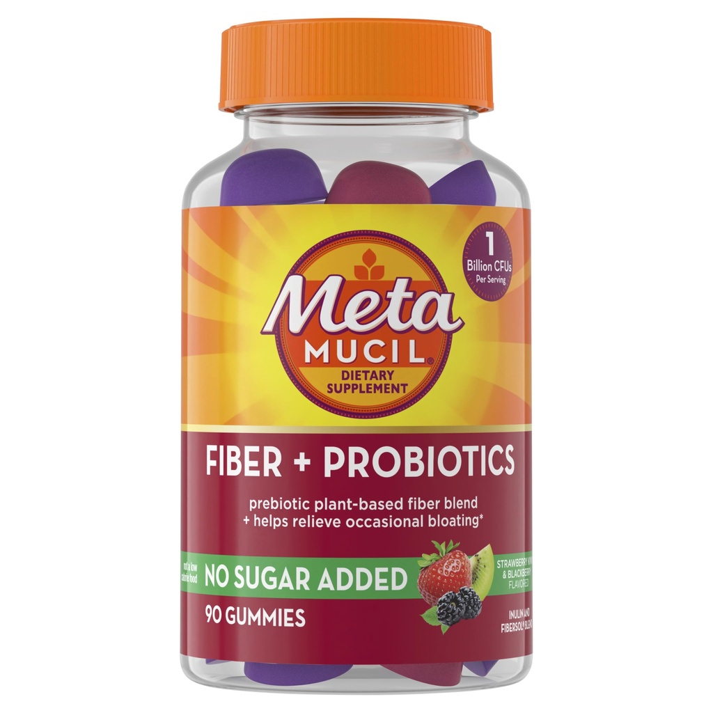 Metamucil סיבים חניכיים למבוגרים עם Probiotics עבור Bloating הקלה, No Sugar הוסיף Strawberry קיבא BlackBerry Flavors, 5g Prebiotic Plant Based סיבים, 90 Count